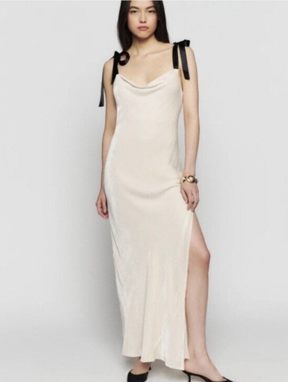 et Clet Plush Cream Velvet Dress with Black Ribbon Tie Straps Women's Small